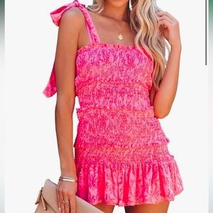 pink smocked floral mini dress